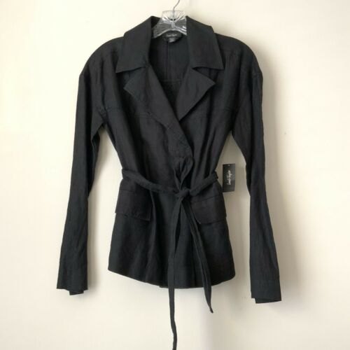 100% Linen Jacket Lord & Taylor Black Lightweight V-Neck Belted Xs — image 8 of 8